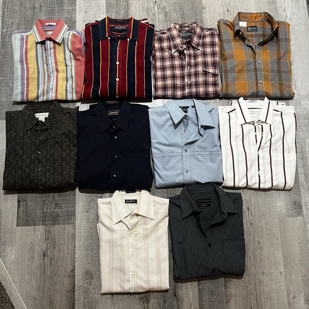 Vintage 70s-90s Button Shirt Bundle Lot x10 Striped Plaid Men's Medium Reseller